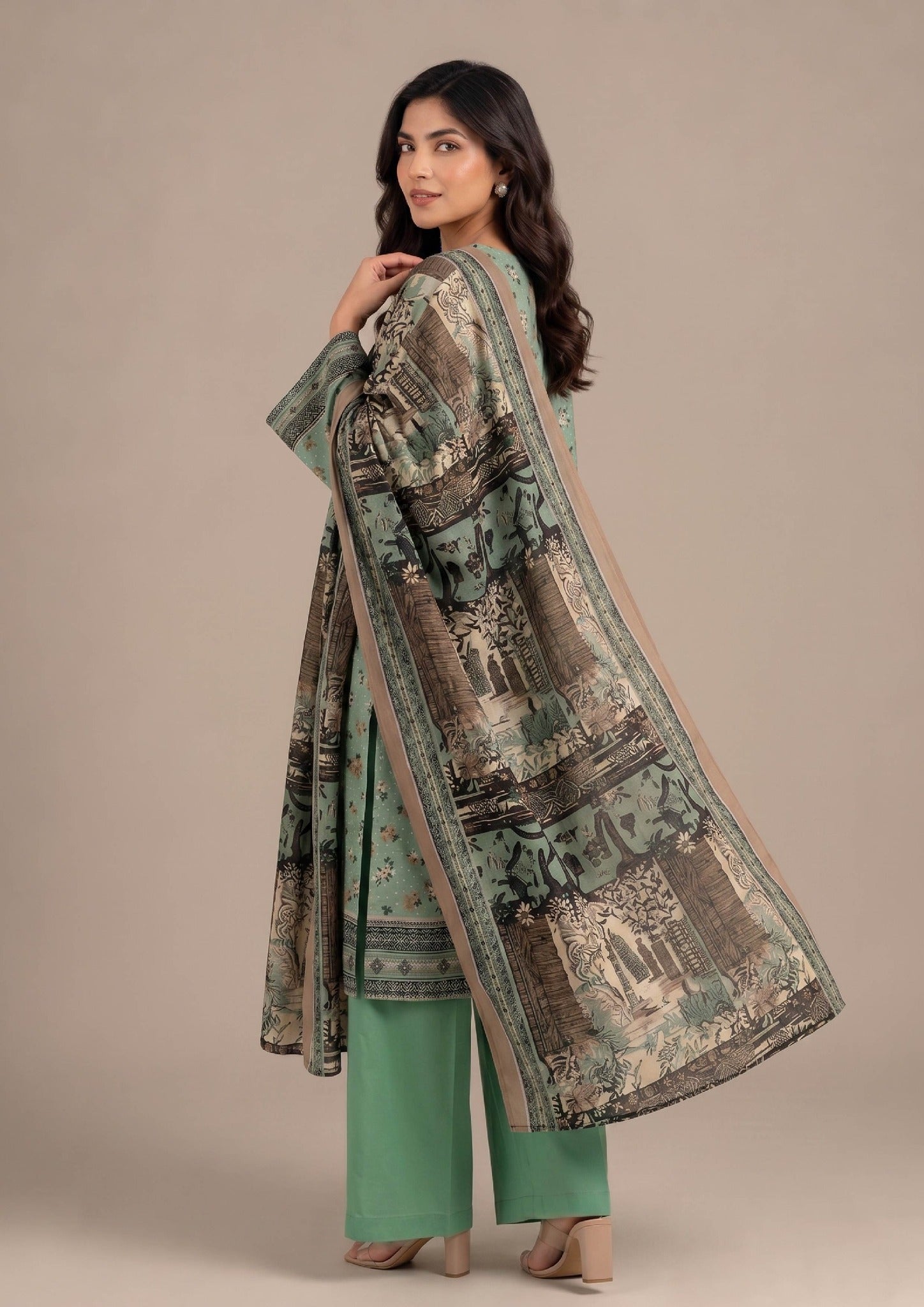 Sage Bloom Pakistani 3 Piece Stitched Lawn Suit with printed dupatta by Mirasl standing pose