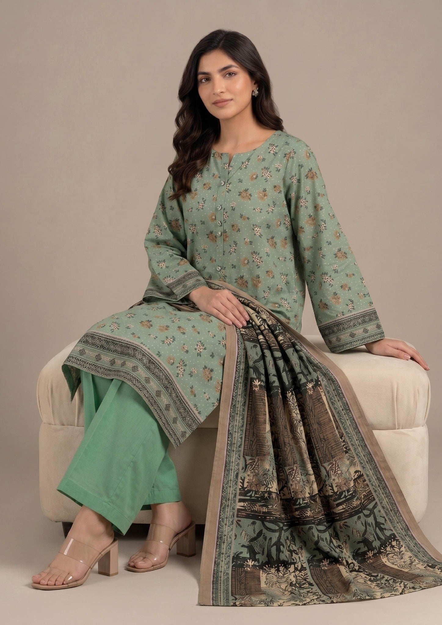 Sage Bloom printed Cambric Lawn suit with coordinated scenic dupatta from the fasl-e-rang collection