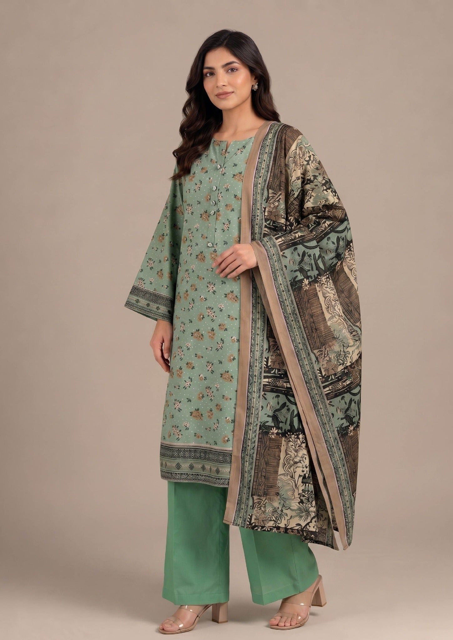 Women's Sage Bloom 3 Piece Stitched Lawn Suit in breathable Cambric Lawn by Mirasl