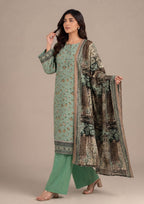 Back view of Sage Bloom 3 Piece Stitched Lawn Suit with printed dupatta by Mirasl