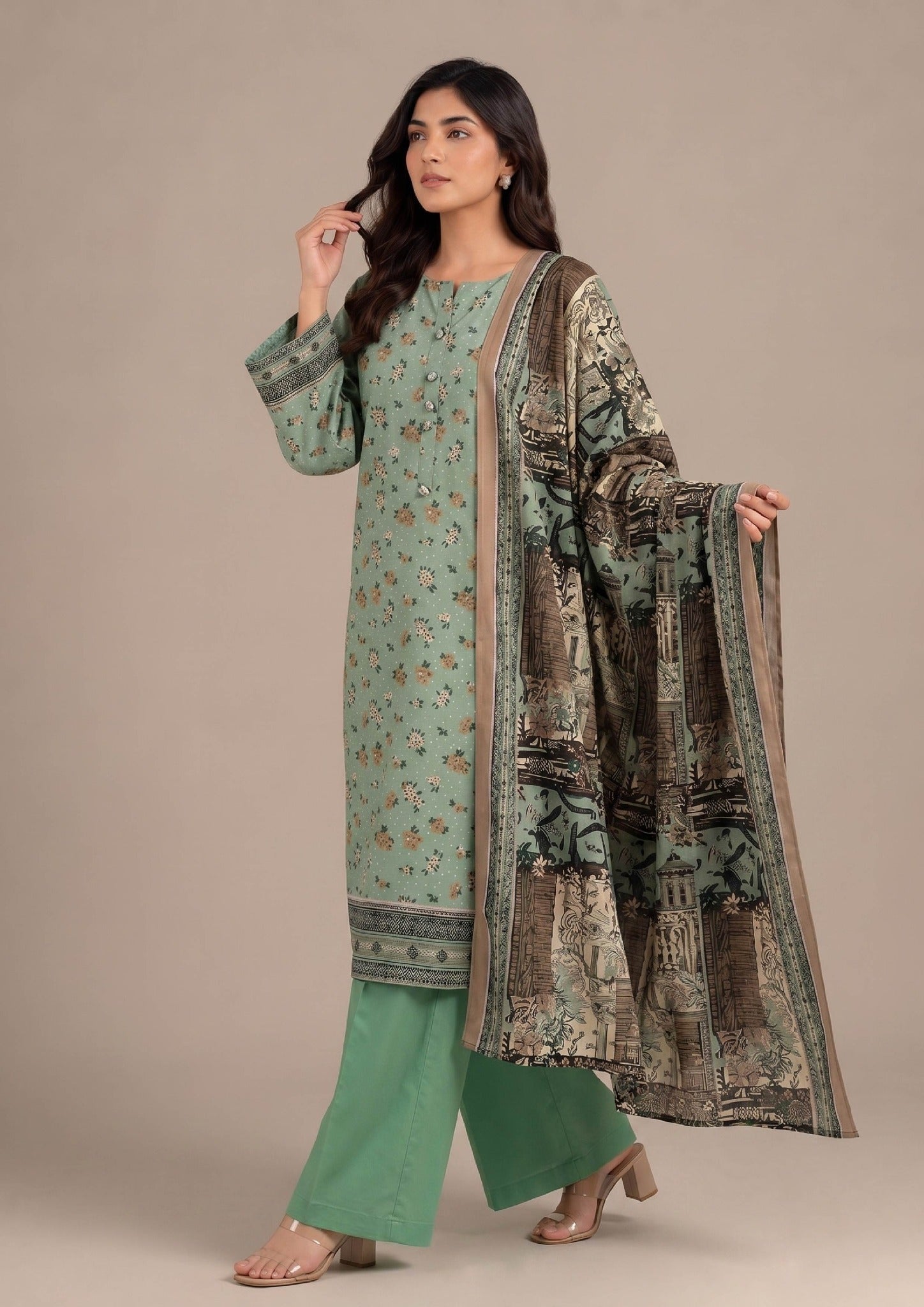 Back view of Sage Bloom 3 Piece Stitched Lawn Suit with printed dupatta by Mirasl