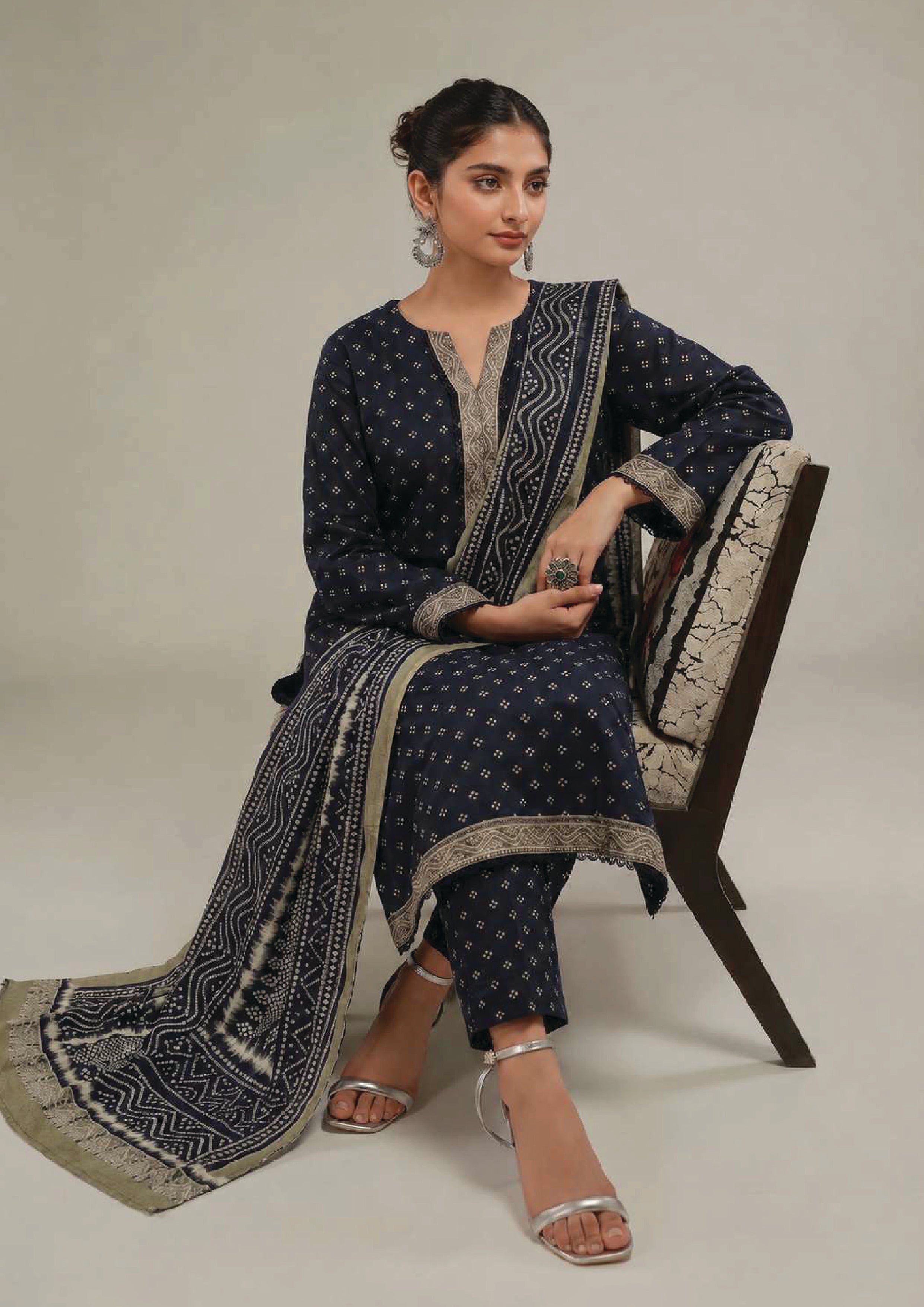 Front view of Sage Chunri Noir black-blue 3 piece stitched lawn suit with sage neckline, matching trouser and leheriya dupatta
