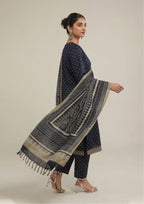Full look of Sage Chunri Noir women stitched lawn suit with black-blue kurta, printed trouser and sage bordered dupatta
