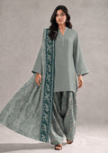 Sage Fusion 3 Piece Stitched Lawn Suit from the fasl-e-rang collection featuring a sage green shirt, printed trousers, and printed dupatta by Mirasl.