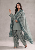 Front pose of Sage Fusion Pakistani Lawn Suit with Printed Cambric Lawn dupatta and printed trousers by Mirasl.