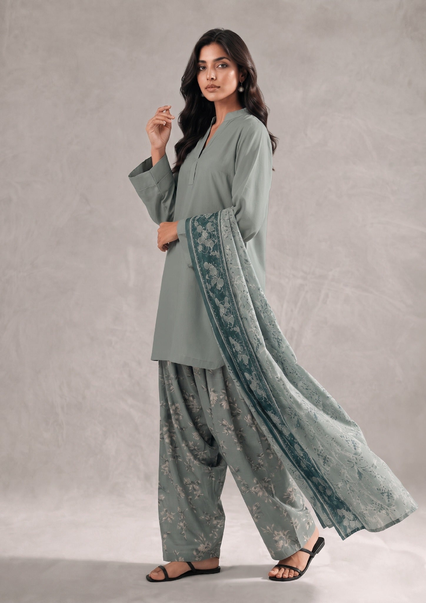 Side profile of Sage Fusion Women's Lawn Suit showcasing sage green styling and an elegant printed dupatta.