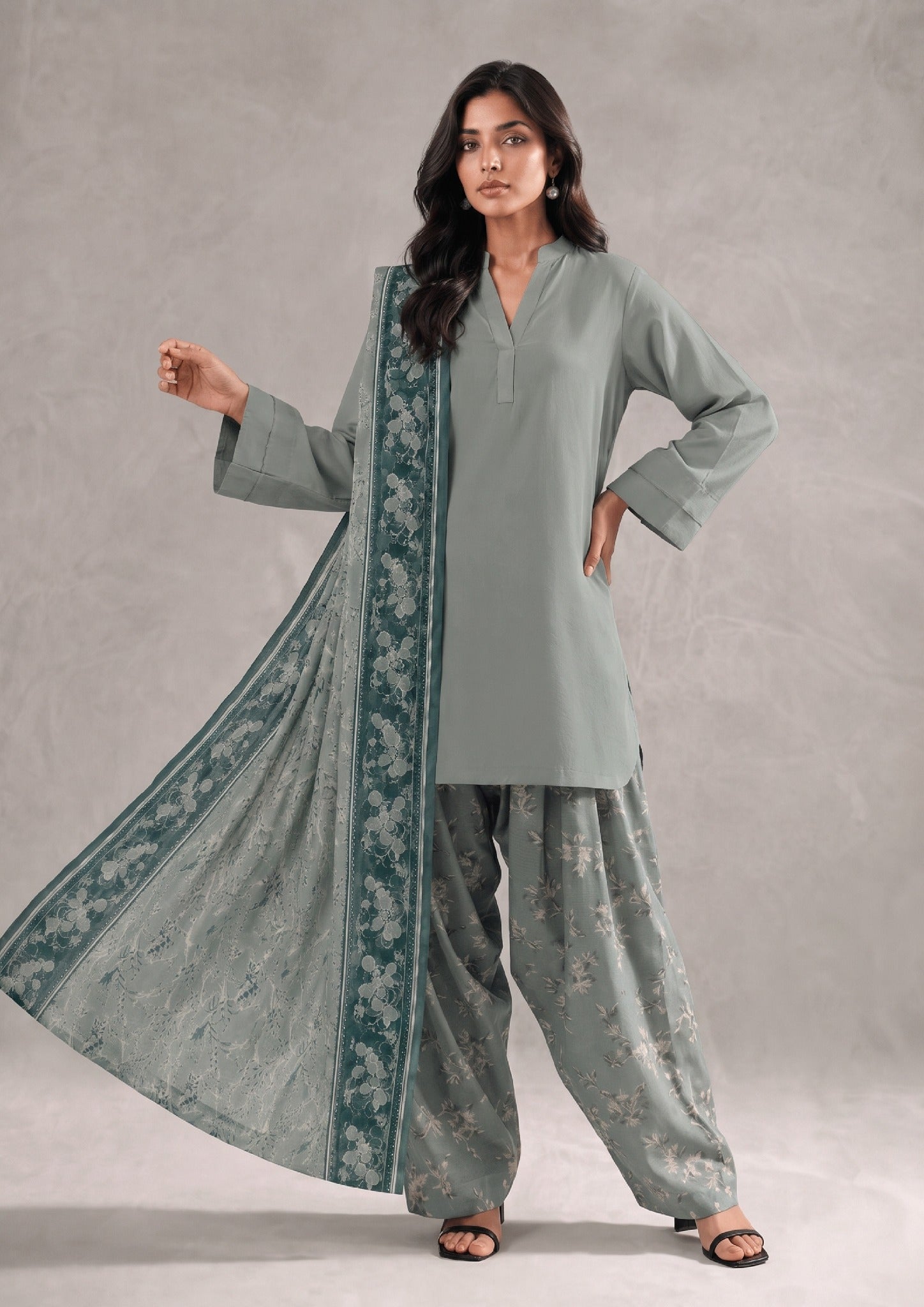 Elegant draped pose of Sage Fusion 3 Piece Stitched Lawn Suit from the fasl-e-rang collection by Mirasl.