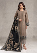 Sepia Stripe 3 Piece Stitched Lawn Suit in Printed Lawn with beige striped shirt and black floral dupatta by Mirasl