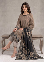 Sepia Stripe Pakistani Lawn Suit featuring sepia beige striped shirt, straight trouser, and black floral printed dupatta