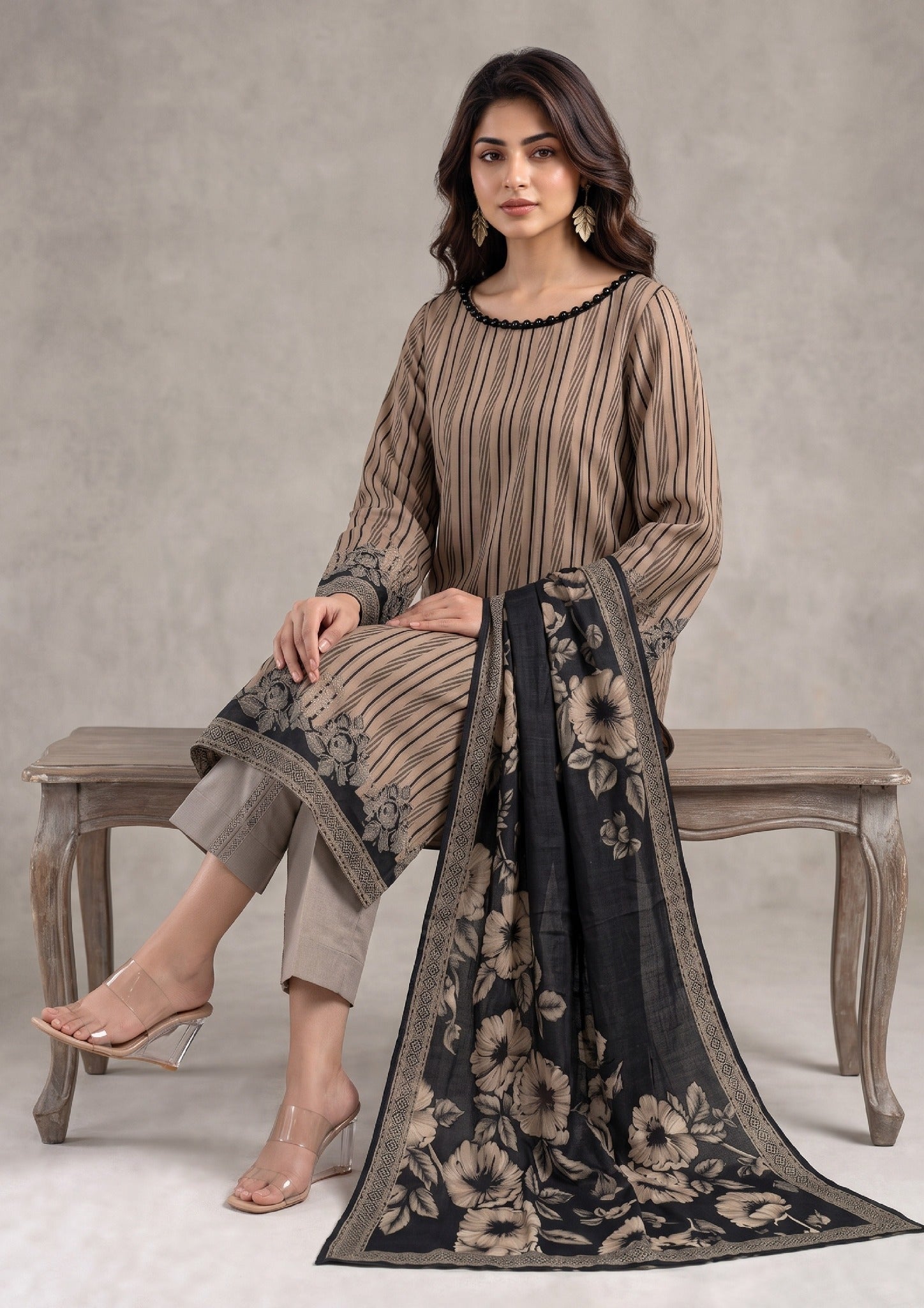 Sepia Stripe Pakistani Lawn Suit featuring sepia beige striped shirt, straight trouser, and black floral printed dupatta