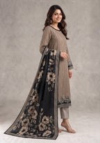 Side view of Sepia Stripe stitched printed lawn suit with black floral dupatta from the fasl-e-rang collection