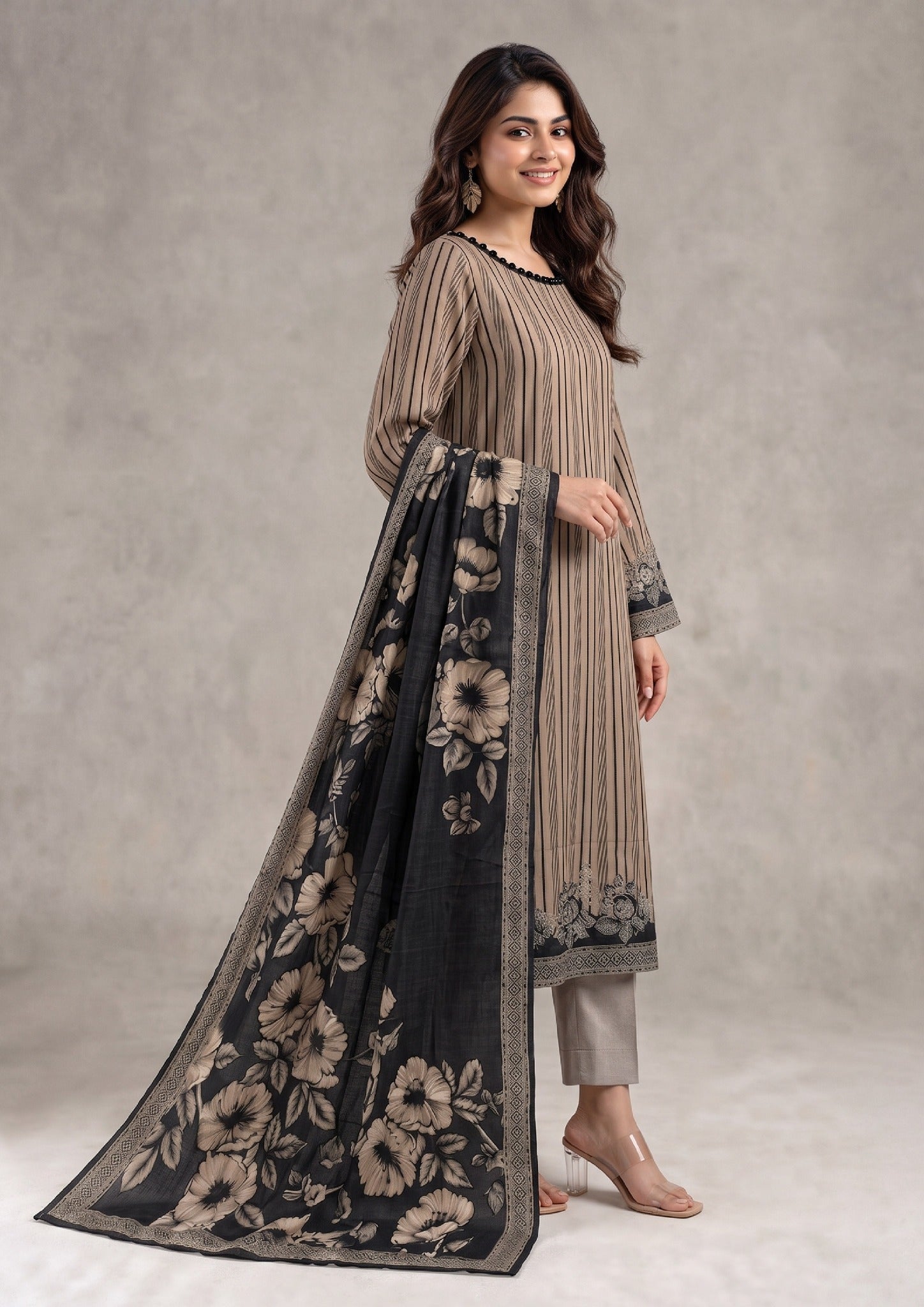 Side view of Sepia Stripe stitched printed lawn suit with black floral dupatta from the fasl-e-rang collection