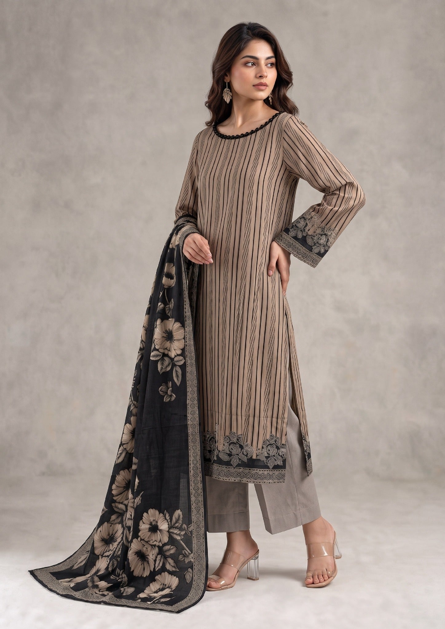 Sepia Stripe women's lawn suit from the fasl-e-rang collection with striped shirt and coordinated black dupatta by Mirasl