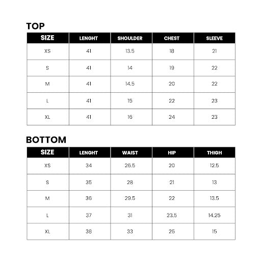 Mirasl suit size guide