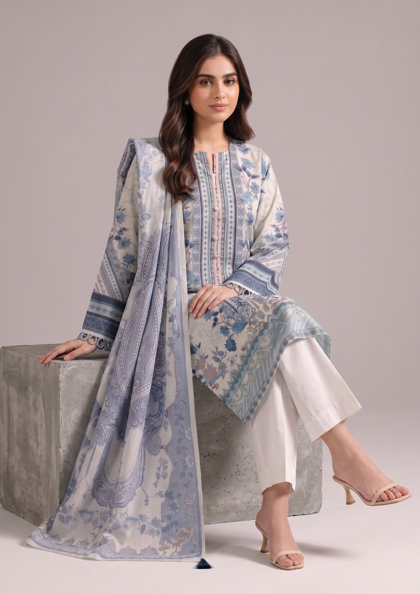 Serene Blue 3 Piece Stitched Lawn Suit in Printed Lawn with blue floral print and matching dupatta by Mirasl