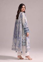 Serene Blue Pakistani Lawn Suit featuring ivory blue shirt, white trouser, and coordinated printed dupatta