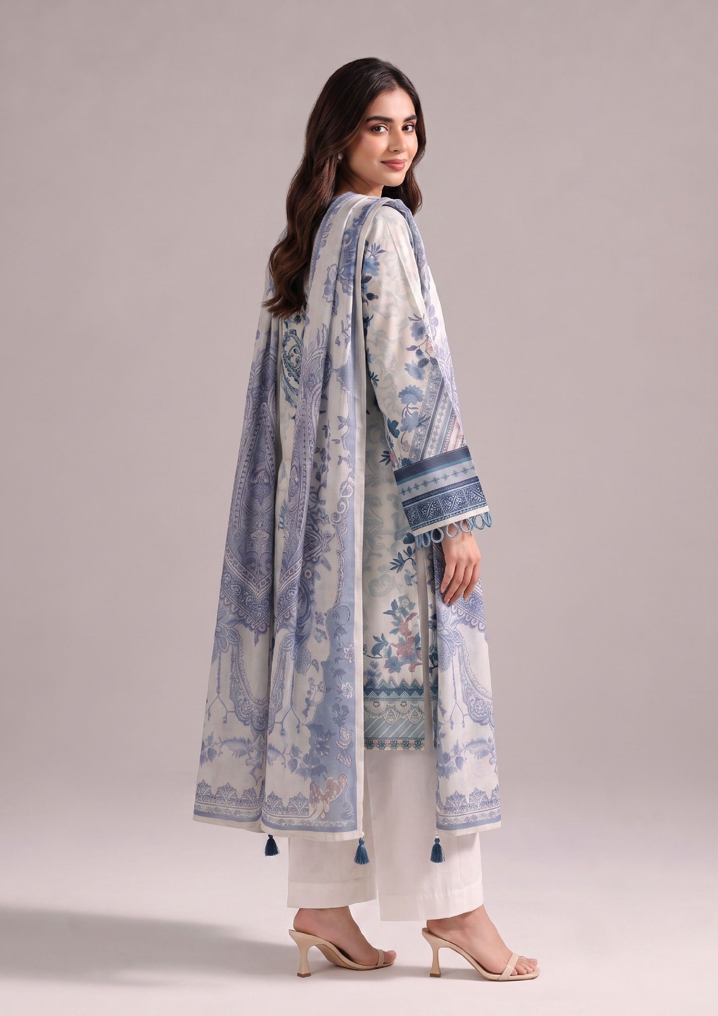 Serene Blue Pakistani Lawn Suit featuring ivory blue shirt, white trouser, and coordinated printed dupatta