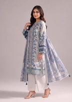 Serene Blue stitched printed lawn suit with blue printed dupatta and white straight trouser by Mirasl
