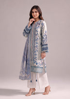 Seated view of Serene Blue women's lawn suit from the fasl-e-rang collection by Mirasl
