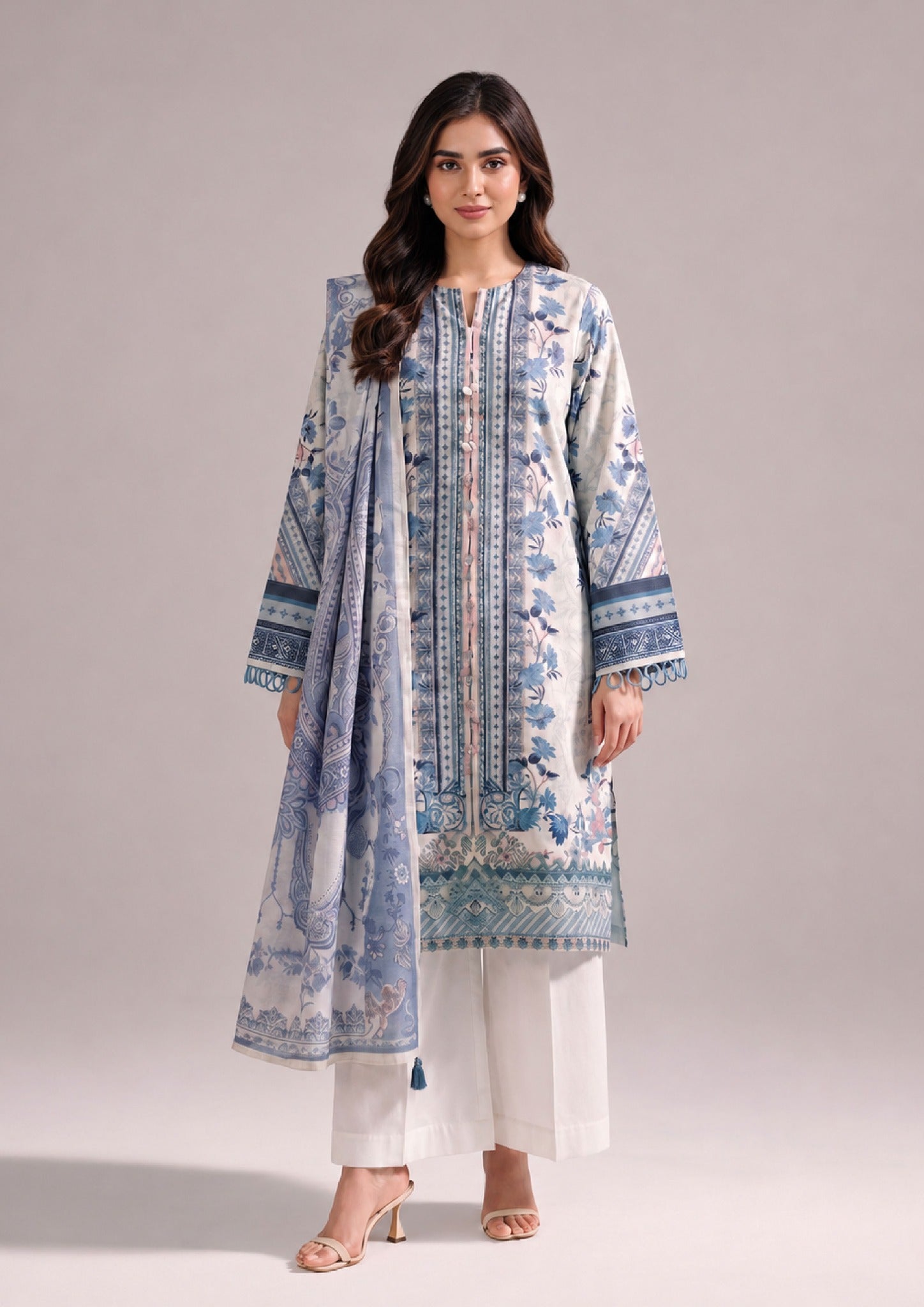 Back view of Serene Blue 3 Piece Stitched Lawn Suit with coordinated dupatta by Mirasl