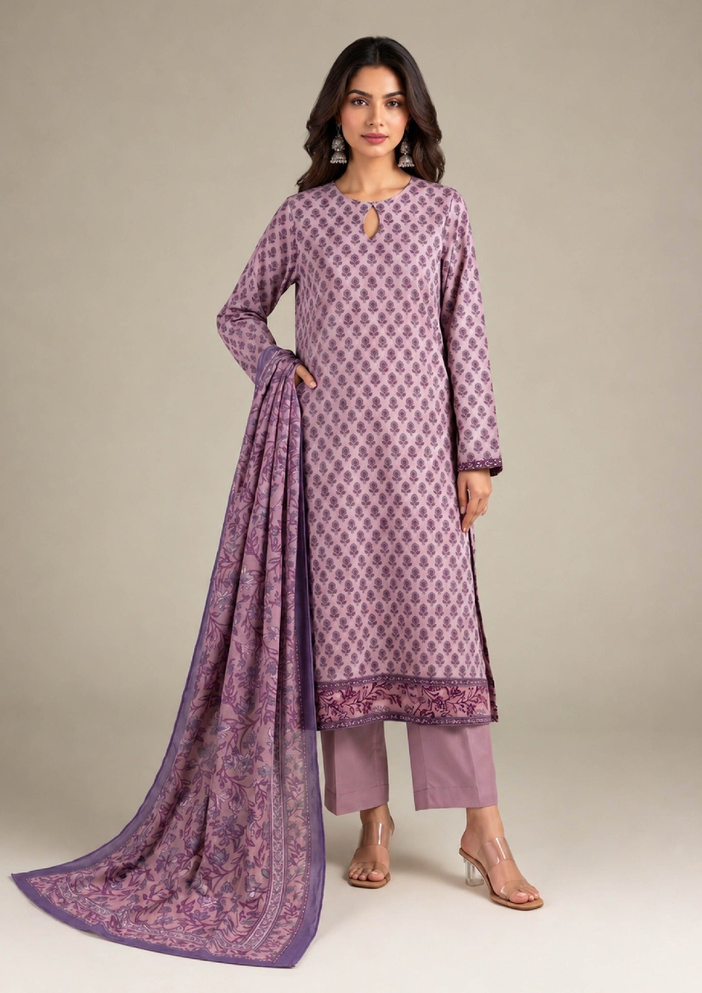Serene Mauve 3 piece stitched lawn suit by Mirasl from the fasl-e-rang collection with floral printed lawn fabric, knee-level shirt and printed dupatta.