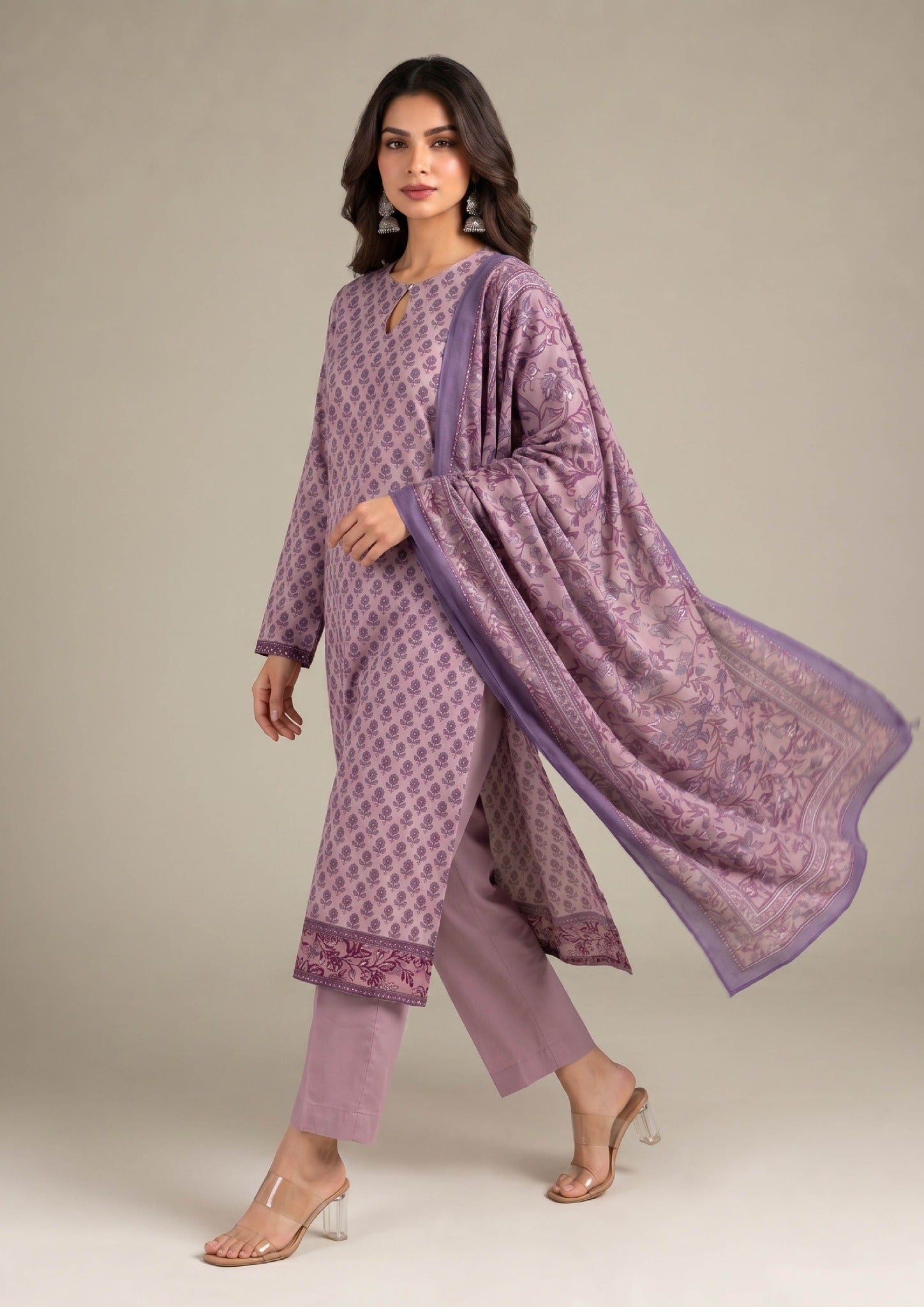 Elegant Serene Mauve ready to wear lawn outfit by Mirasl with premium printed lawn fabric and coordinated printed dupatta.