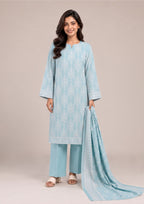 Full-length front view of Serene Sky 3 Piece Stitched Printed Lawn Suit by Mirasl featuring the printed lawn shirt, dyed trousers and matching dupatta from the Fasl-e-Rang collection.
