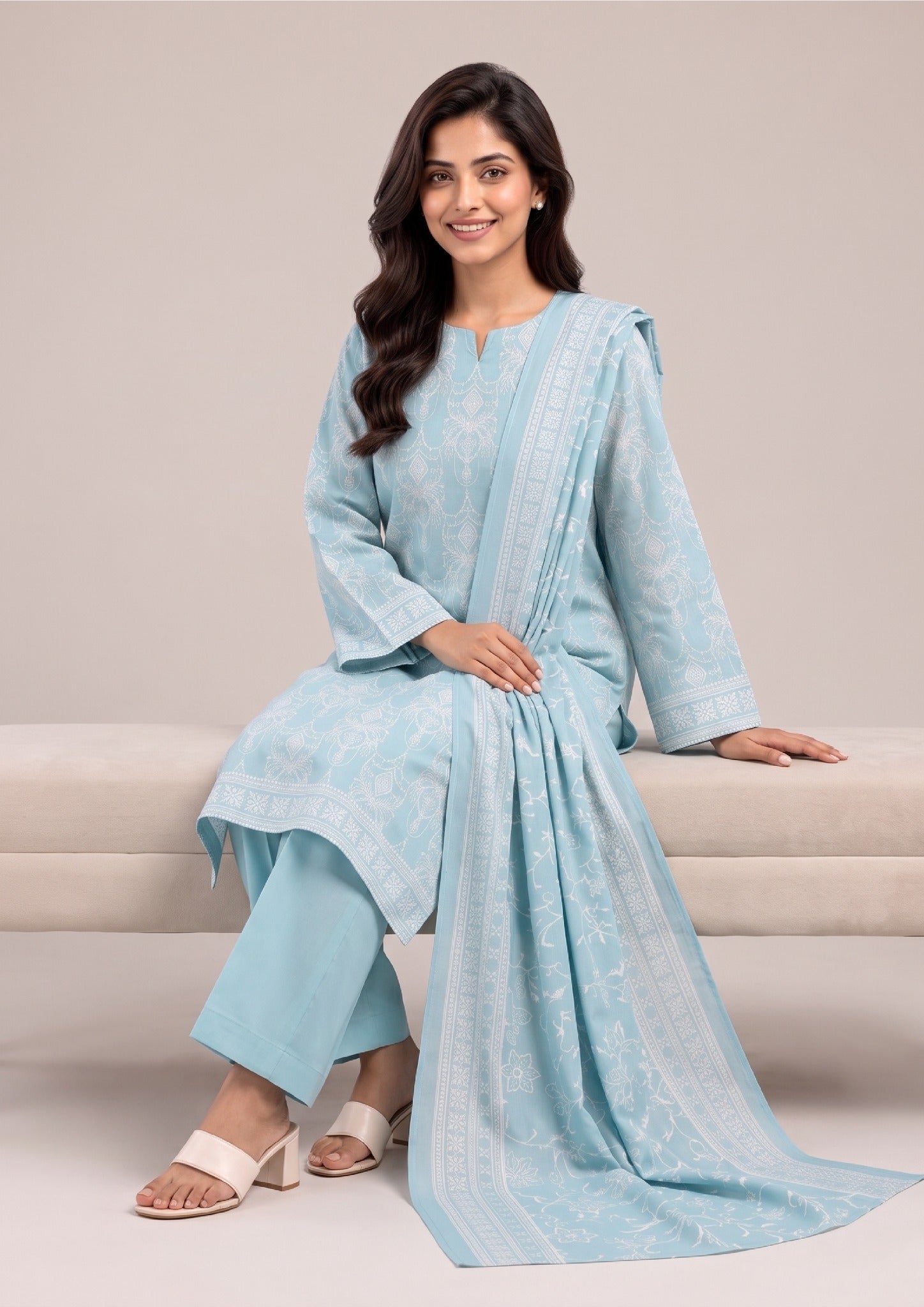 Seated editorial pose of Serene Sky printed lawn suit emphasizing premium lawn fabric, decorative borders and coordinated dupatta styling by Mirasl.