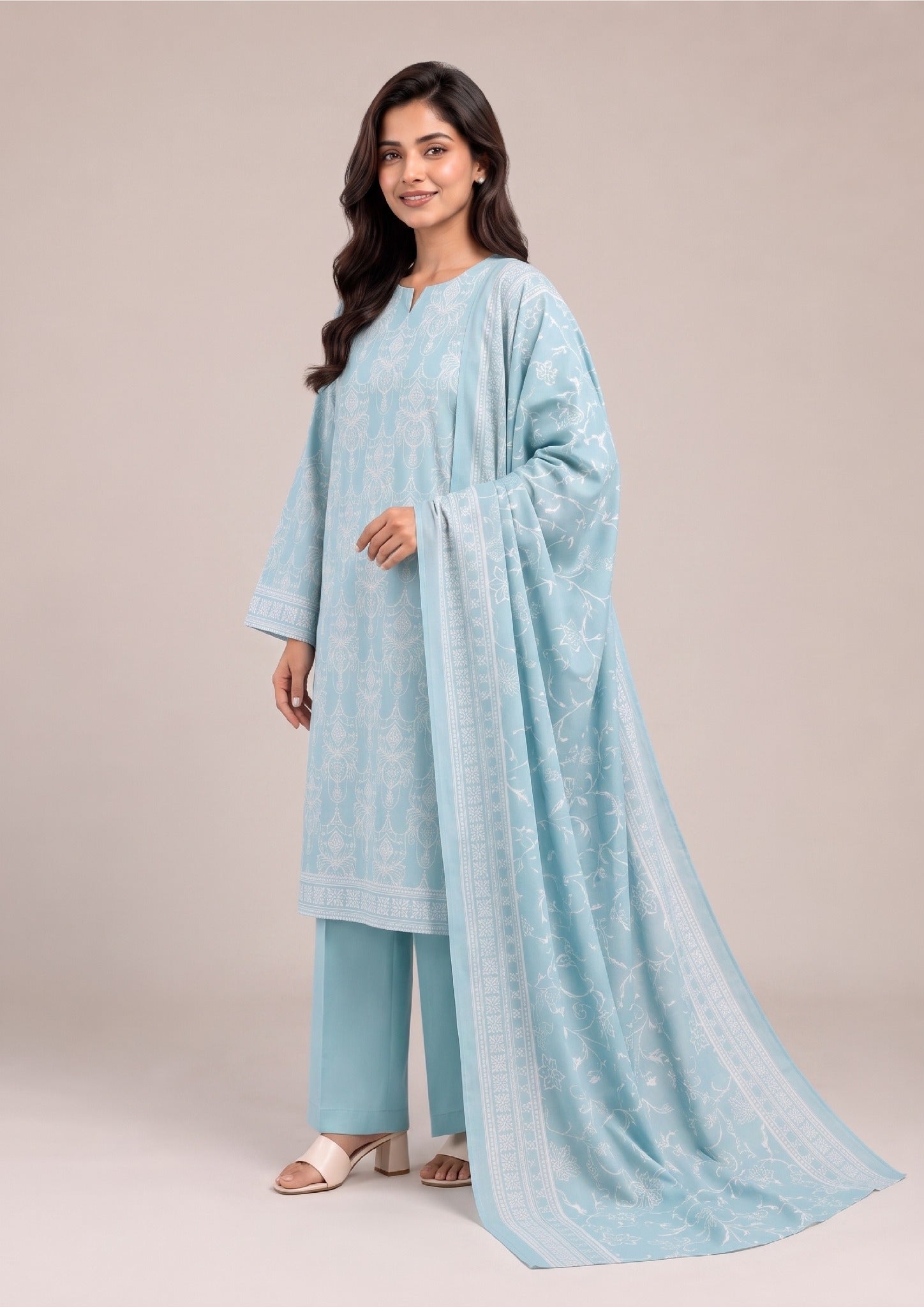 Full-length lifestyle pose of Serene Sky 3 Piece Stitched Printed Lawn Suit showcasing breathable summer lawn fabric, dyed trousers and elegant printed dupatta.