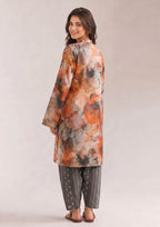 Back view of Mirasl Sienna Sunset printed lawn co-ord set showing watercolor floral shirt and grey printed trouser.