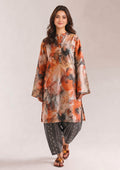 Mirasl Sienna Sunset 2 piece printed lawn co-ord set in rust, orange, beige and grey floral print with printed grey trouser.