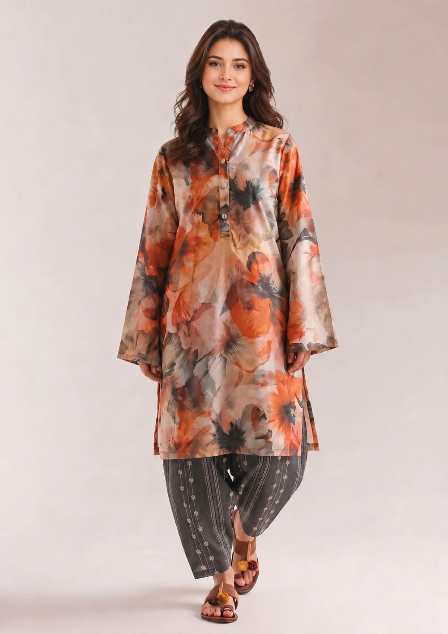 Mirasl Sienna Sunset 2 piece printed lawn co-ord set in rust, orange, beige and grey floral print with printed grey trouser.