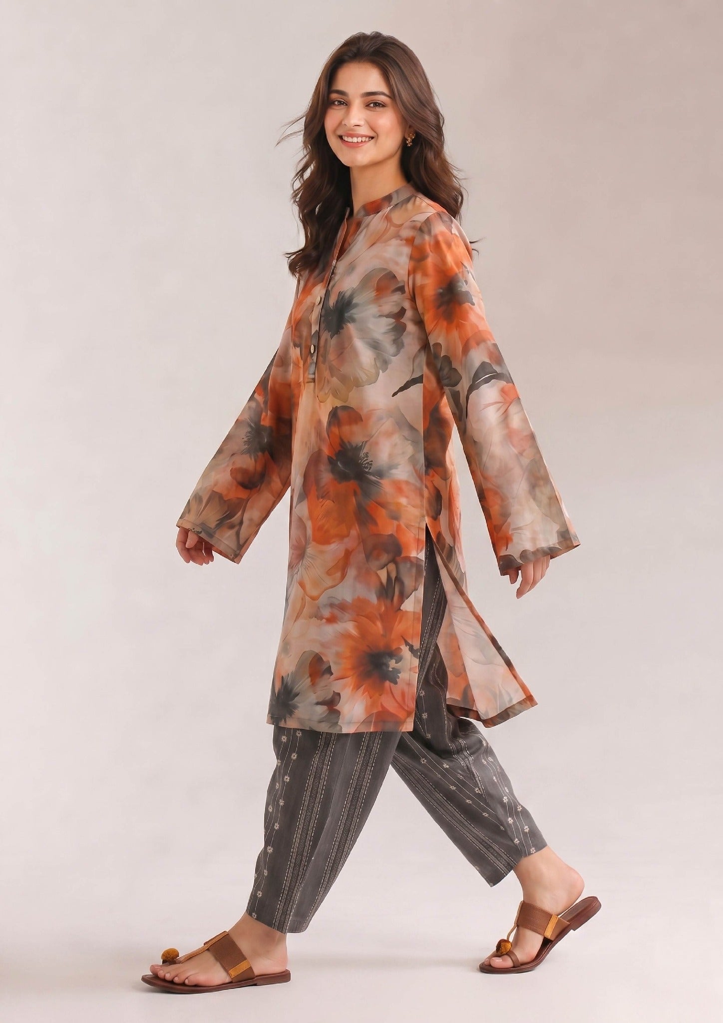 Walking view of Mirasl Sienna Sunset ready-to-wear printed lawn co-ord set with rust floral shirt and relaxed grey trouser.