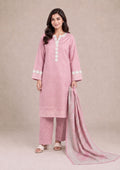 Full-length front view of Soft Rose 3 Piece Stitched Printed Lawn Suit by Mirasl featuring the printed lawn shirt, matching trousers and dupatta from the Fasl-e-Rang collection.