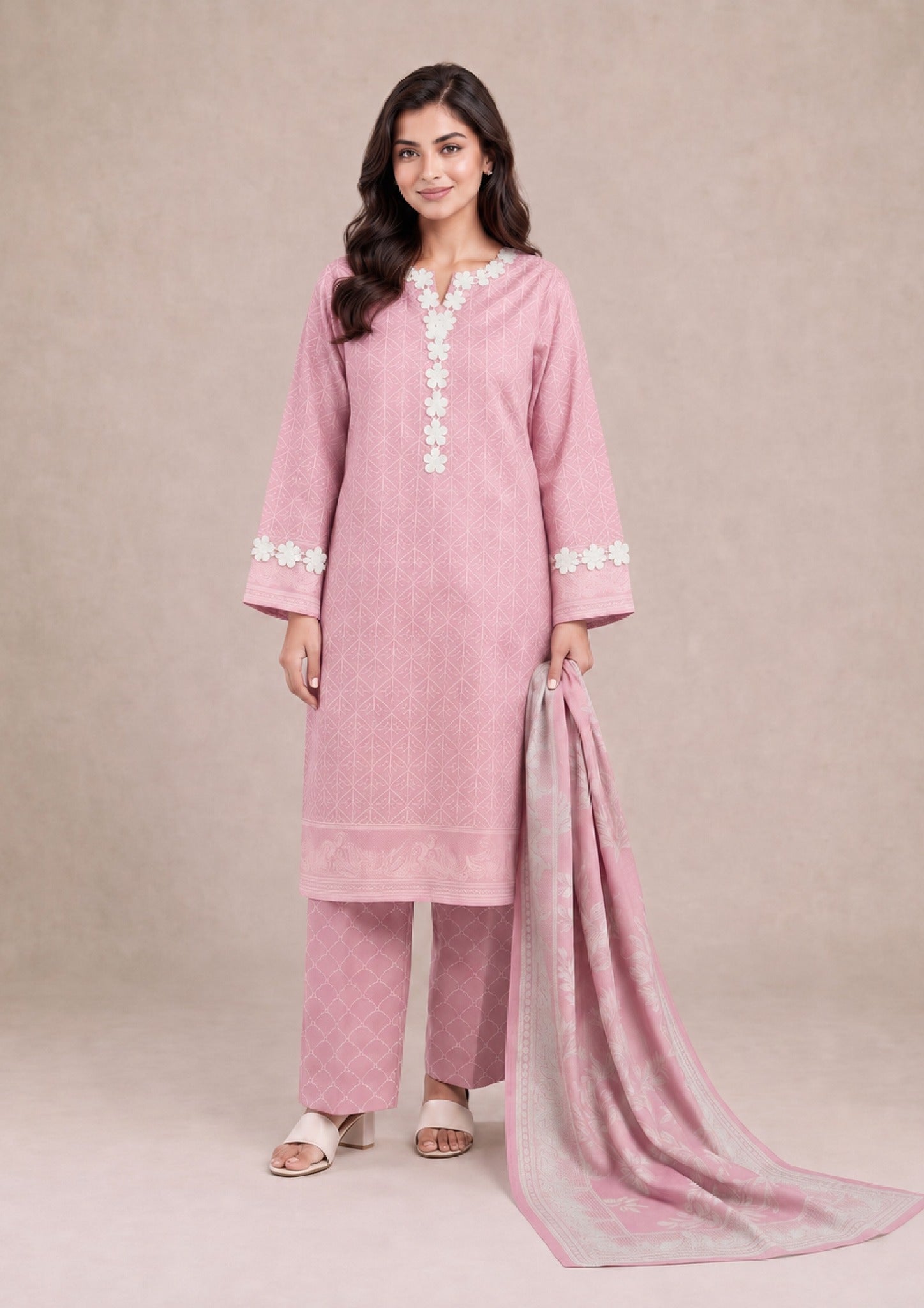 Full-length front view of Soft Rose 3 Piece Stitched Printed Lawn Suit by Mirasl featuring the printed lawn shirt, matching trousers and dupatta from the Fasl-e-Rang collection.