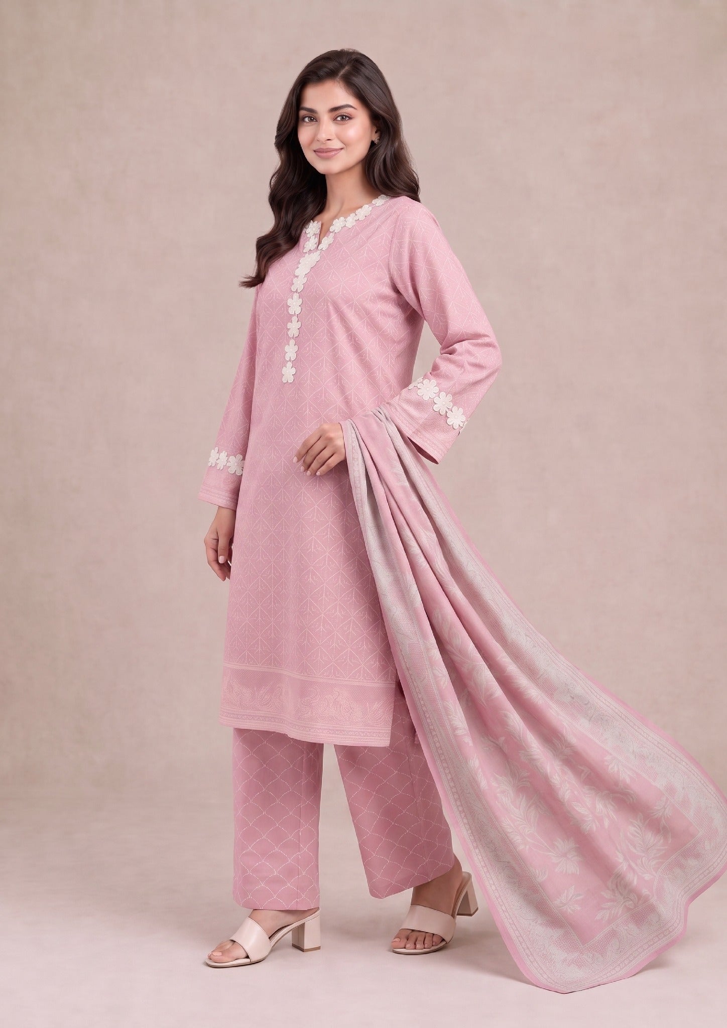 Side styling view of Soft Rose printed lawn suit showcasing the floral neckline, coordinated printed dupatta and matching trousers by Mirasl.