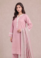 Close styling view of Soft Rose 3 Piece Stitched Printed Lawn Suit highlighting the floral neckline embellishment, printed shirt and soft dupatta by Mirasl.