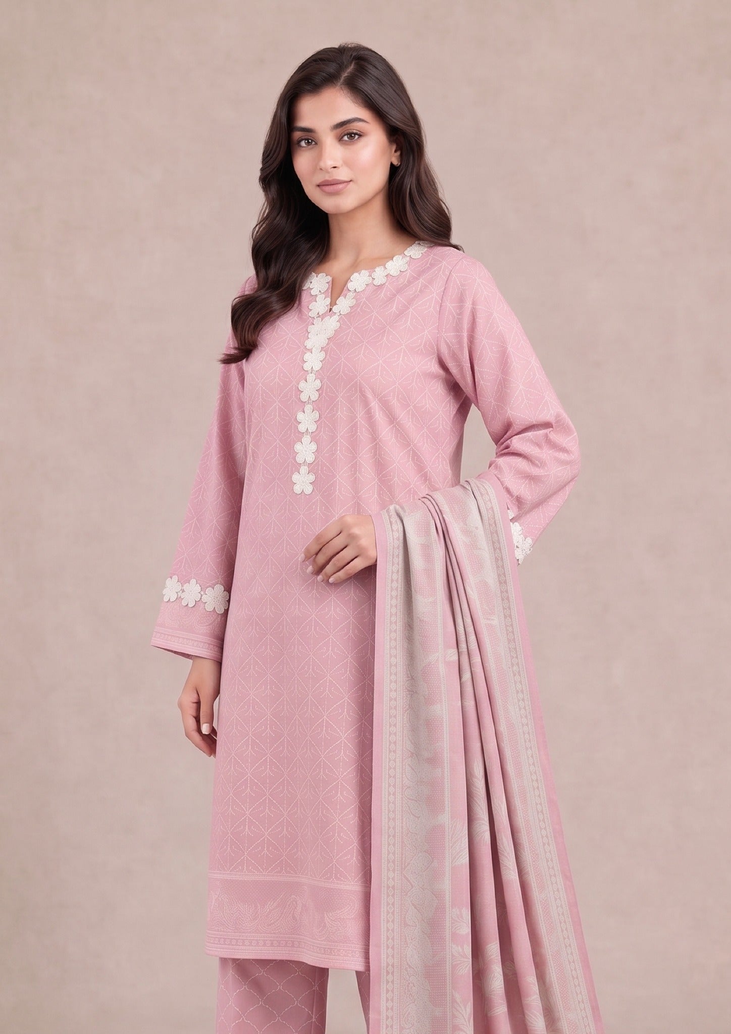 Close styling view of Soft Rose 3 Piece Stitched Printed Lawn Suit highlighting the floral neckline embellishment, printed shirt and soft dupatta by Mirasl.