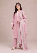 Elegant front pose of Soft Rose printed lawn suit featuring the coordinated printed lawn dupatta, sleeve floral detail and matching trousers from Mirasl.