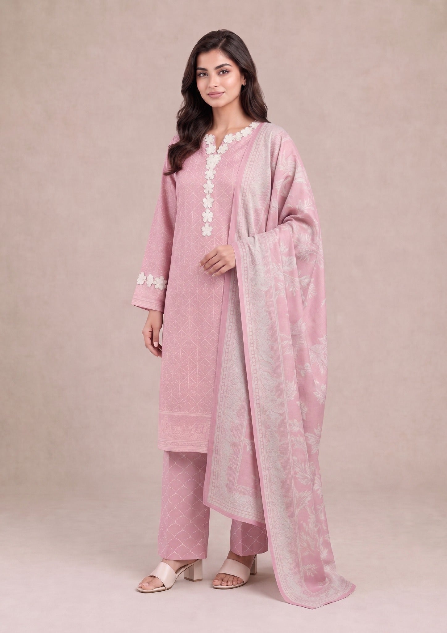 Elegant front pose of Soft Rose printed lawn suit featuring the coordinated printed lawn dupatta, sleeve floral detail and matching trousers from Mirasl.