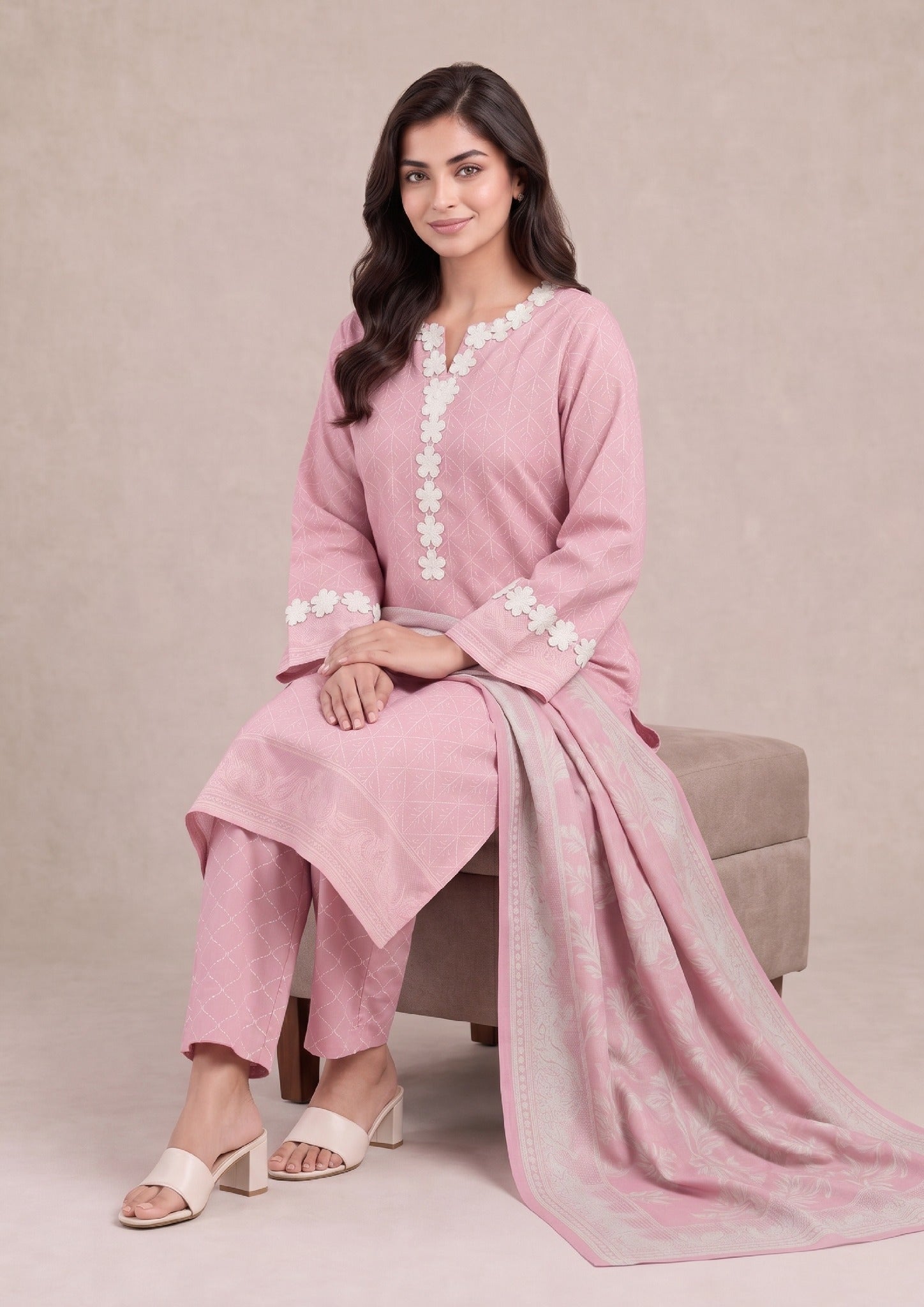 Seated editorial pose of Soft Rose 3 Piece Stitched Printed Lawn Suit showcasing the soft pink printed lawn fabric, dupatta drape and summer styling by Mirasl.