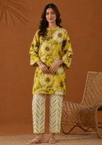 Solenne golden yellow 2 piece printed lawn co-ord set by Mirasl with large floral SHIRT and chevron BOTTOM, front view