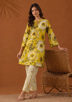 Solenne yellow floral lawn SHIRT with coordinated ivory chevron-print BOTTOM by Mirasl, full outfit view