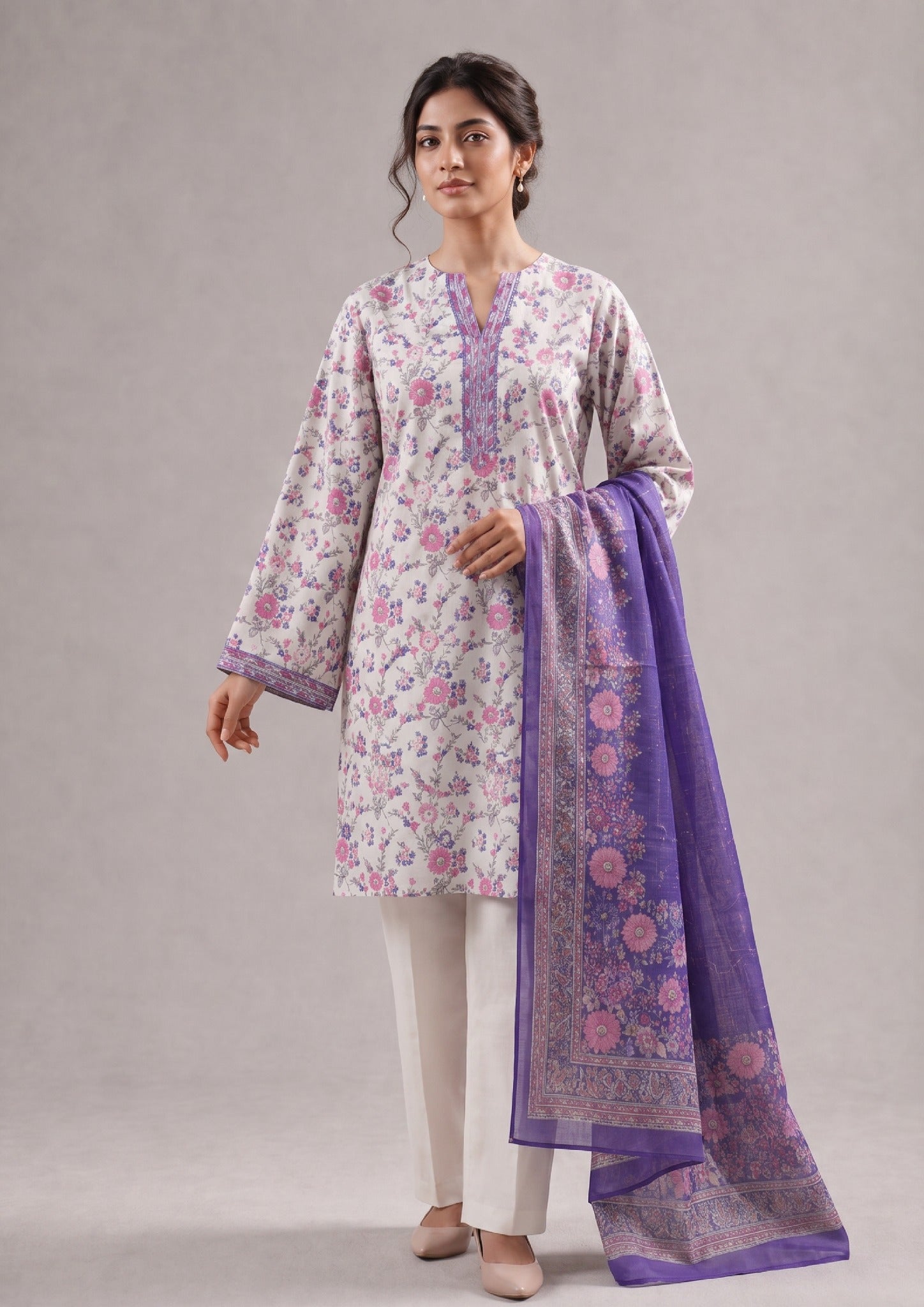 Springtime 3 Piece Stitched Lawn Suit in Printed Lawn with floral print and matching dupatta by Mirasl