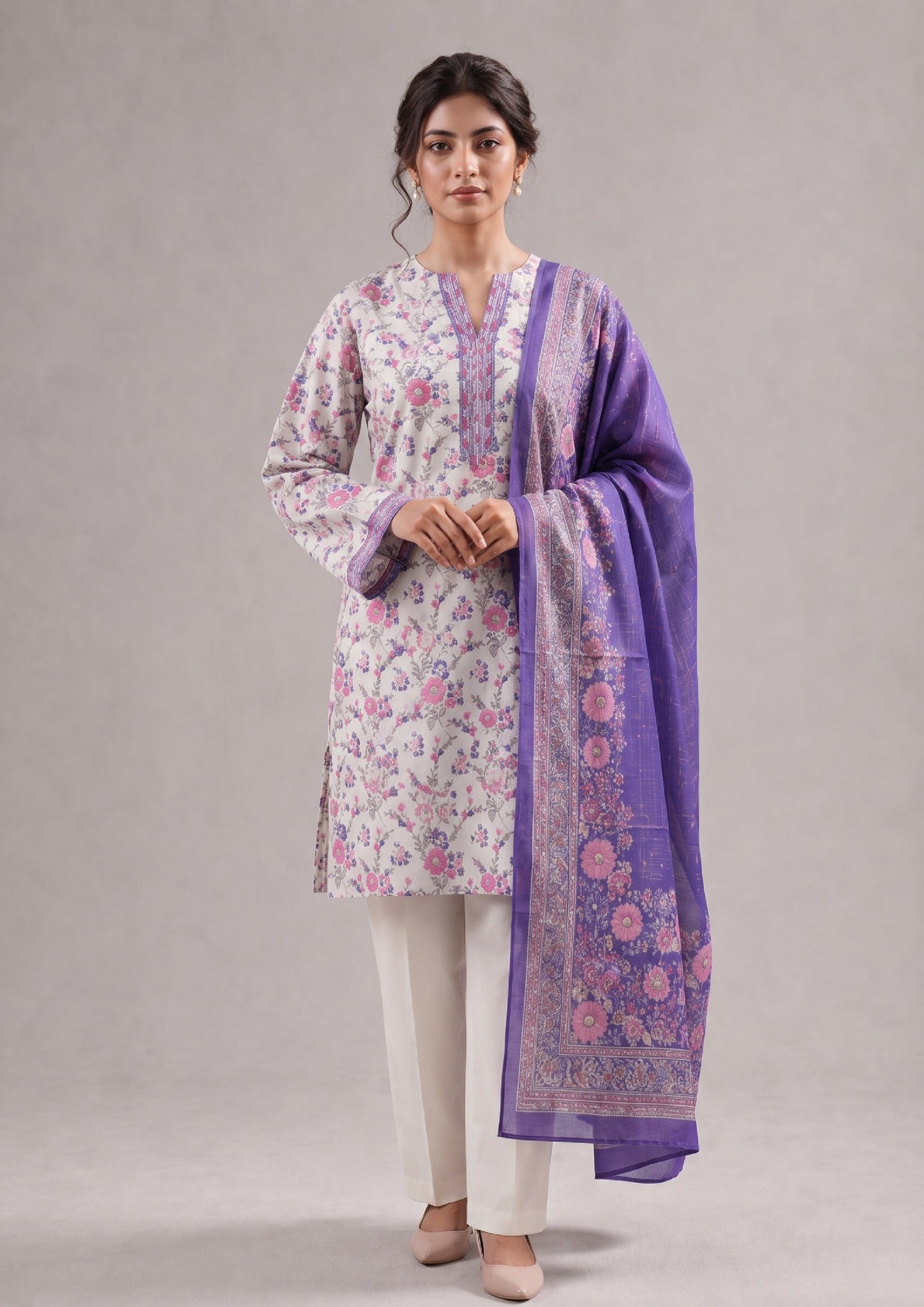 Springtime Pakistani Lawn Suit featuring floral Printed Lawn shirt and elegant purple dupatta