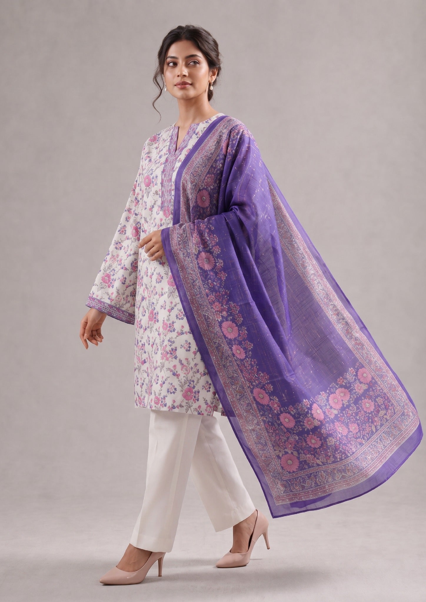 Springtime stitched printed lawn suit with coordinated floral dupatta for summer wear