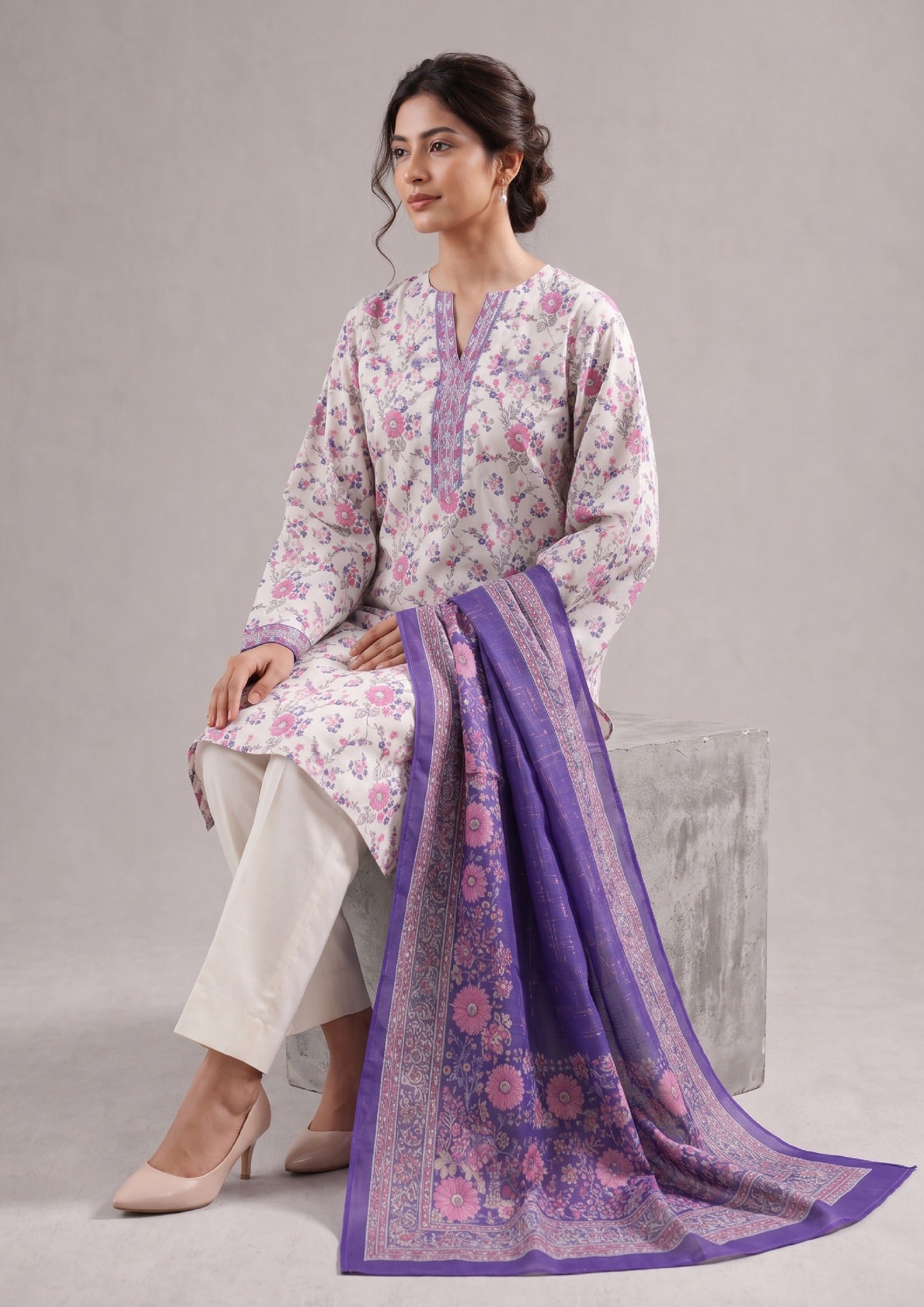 Elegant back and side view of Springtime 3 Piece Stitched Lawn Suit by Mirasl