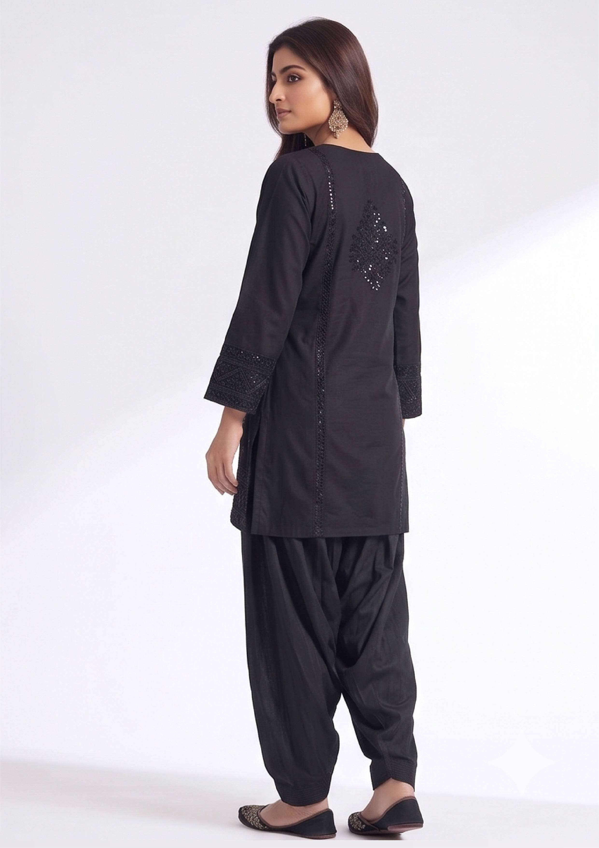 Stitched black balloon shalwar for Pakistani women by Mirasl with cuffed ankle and comfortable modest fit