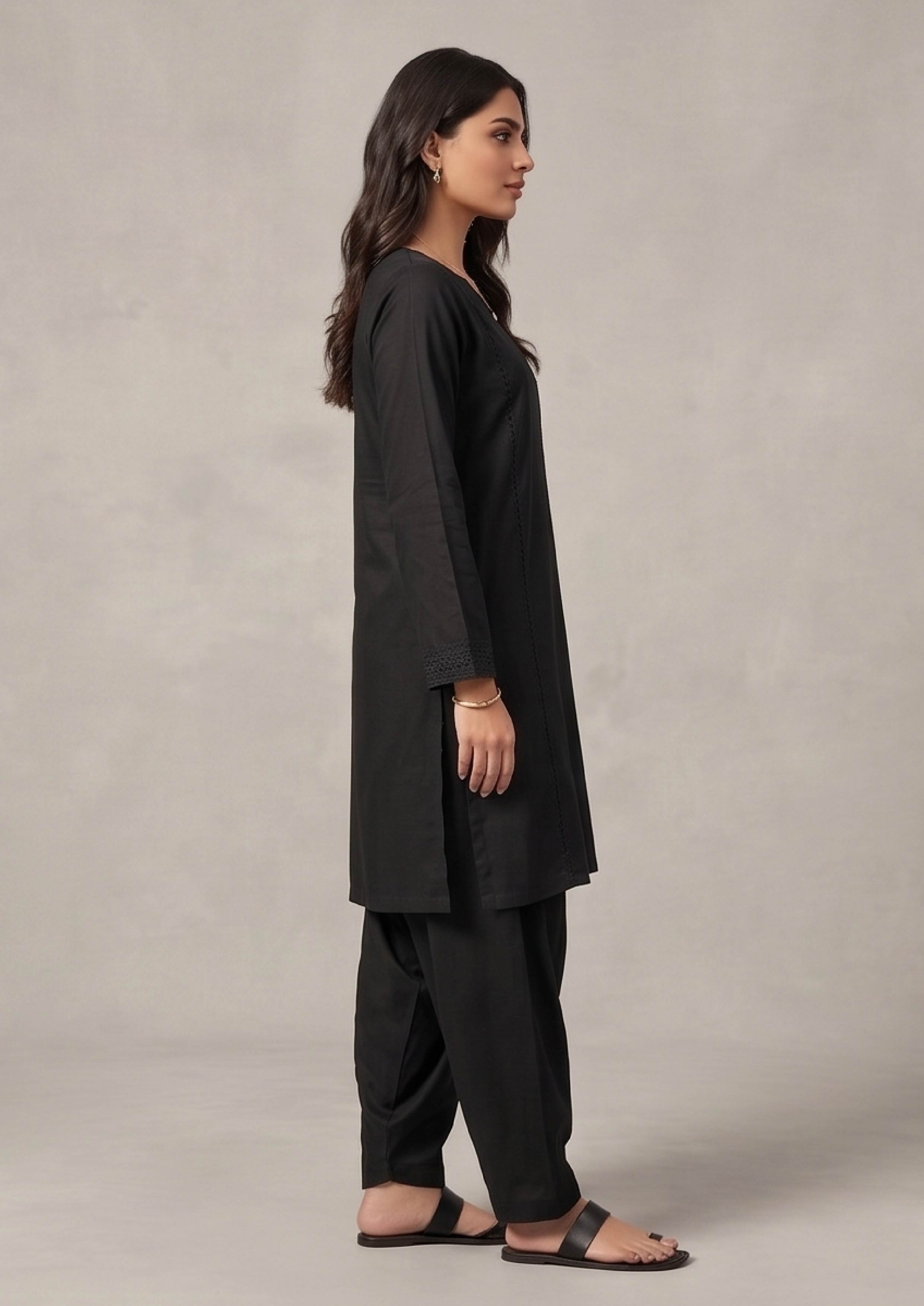 Stitched black shalwar for Pakistani women by Mirasl with comfortable modest everyday fit