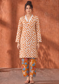 Sunlit Geometry burnt orange and white 2 piece printed lawn co-ord set by Mirasl with geometric SHIRT and floral BOTTOM, front view